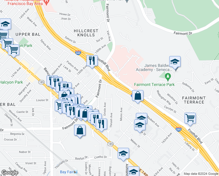 map of restaurants, bars, coffee shops, grocery stores, and more near 1780 Oriole Avenue in San Leandro