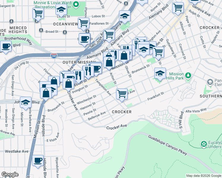 map of restaurants, bars, coffee shops, grocery stores, and more near 901 Brunswick Street in Daly City