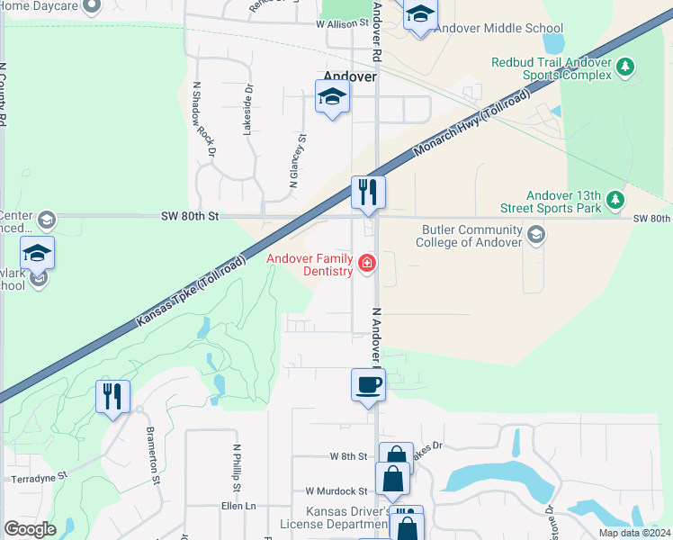 map of restaurants, bars, coffee shops, grocery stores, and more near 1213 North Main Street in Andover