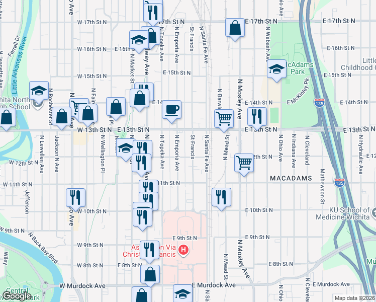 map of restaurants, bars, coffee shops, grocery stores, and more near 1327 Saint Francis in Wichita