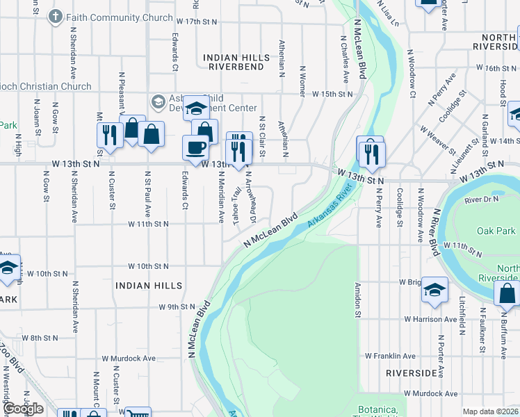 map of restaurants, bars, coffee shops, grocery stores, and more near 1328-1342 Arrowhead St in Wichita