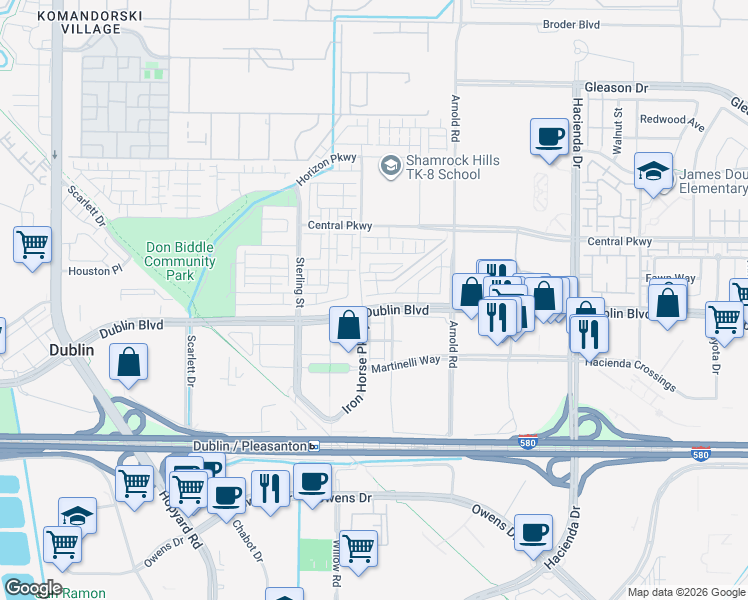 map of restaurants, bars, coffee shops, grocery stores, and more near 5581 Dublin Boulevard in Dublin