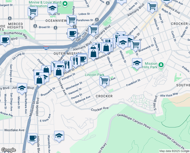 map of restaurants, bars, coffee shops, grocery stores, and more near 901 Brunswick Street in Daly City