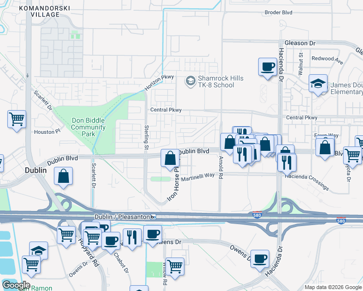 map of restaurants, bars, coffee shops, grocery stores, and more near 5581 Dublin Boulevard in Dublin