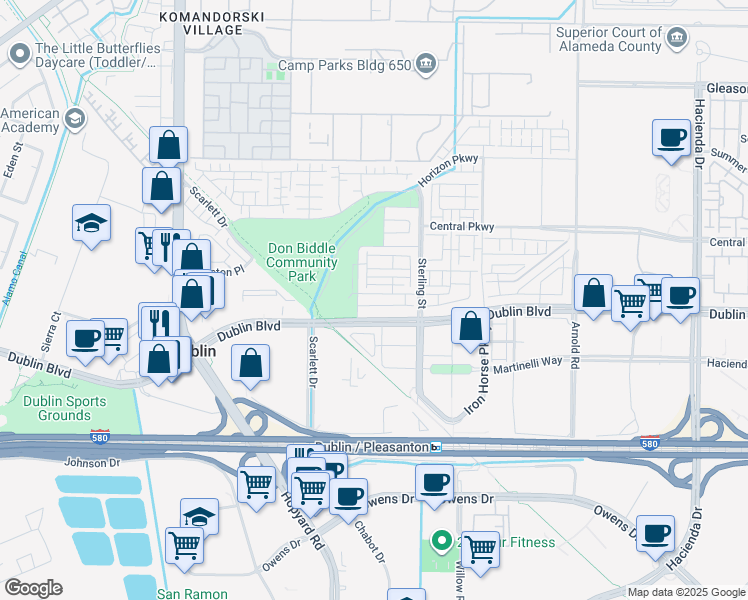 map of restaurants, bars, coffee shops, grocery stores, and more near 5885 Cadence Avenue in Dublin