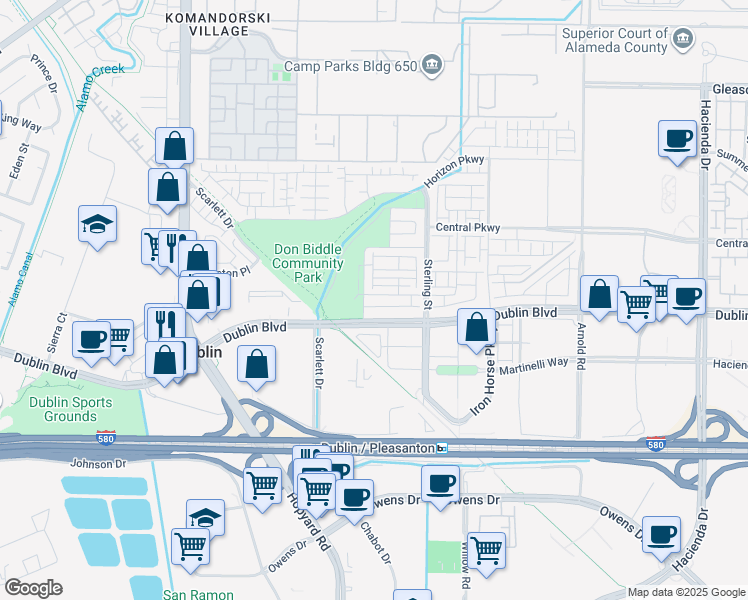 map of restaurants, bars, coffee shops, grocery stores, and more near 5891 Cadence Avenue in Dublin