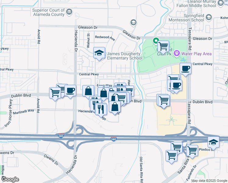 map of restaurants, bars, coffee shops, grocery stores, and more near 4673 Finch Way in Dublin