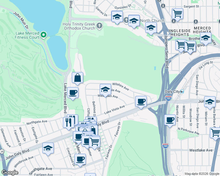 map of restaurants, bars, coffee shops, grocery stores, and more near 90 Westdale Avenue in Daly City