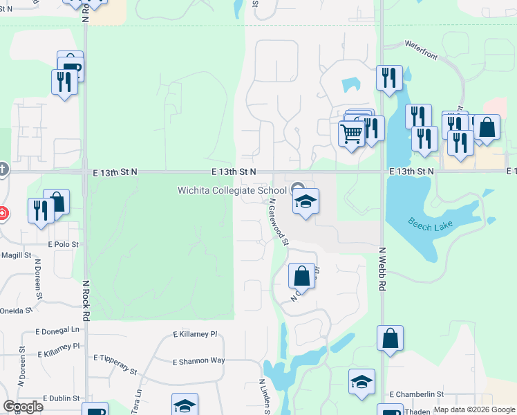 map of restaurants, bars, coffee shops, grocery stores, and more near 8818 East Bradford Circle in Wichita