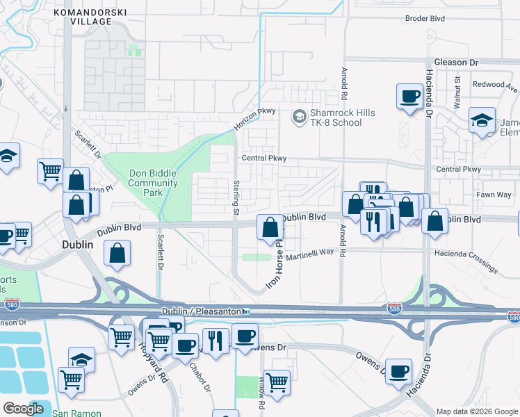 map of restaurants, bars, coffee shops, grocery stores, and more near 5703 El Dorado Lane in Dublin