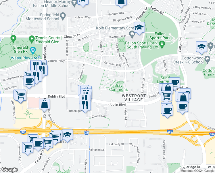 map of restaurants, bars, coffee shops, grocery stores, and more near 3449 Finnian Way in Dublin