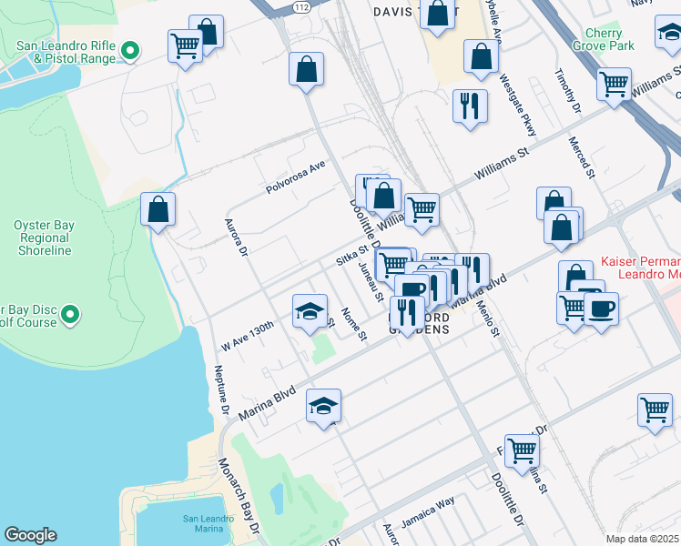 map of restaurants, bars, coffee shops, grocery stores, and more near 1923 Fairbanks Street in San Leandro