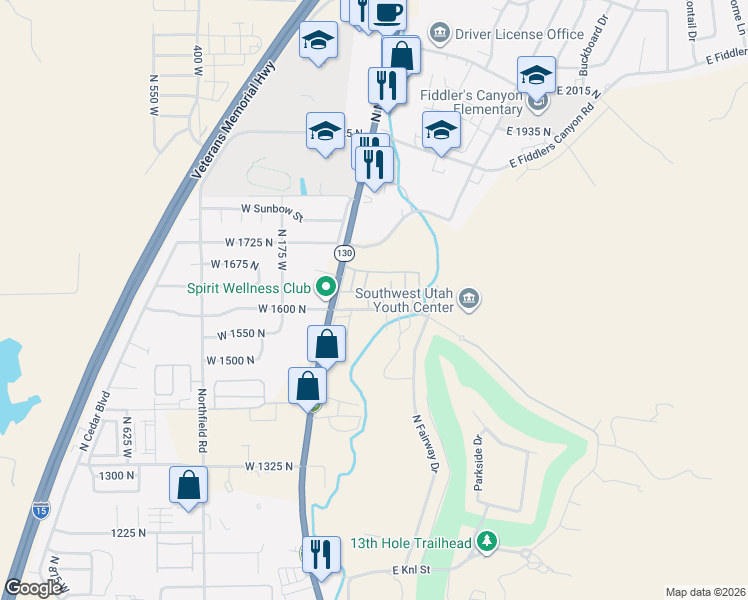 map of restaurants, bars, coffee shops, grocery stores, and more near 73-113 E 1600 N in Cedar City