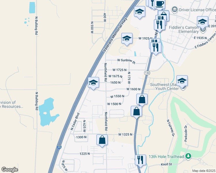 map of restaurants, bars, coffee shops, grocery stores, and more near 385 Bramblewood Drive in Cedar City