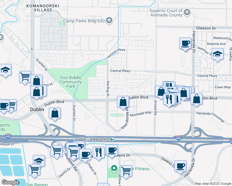 map of restaurants, bars, coffee shops, grocery stores, and more near 5703 El Dorado Lane in Dublin