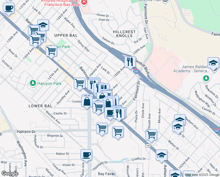 map of restaurants, bars, coffee shops, grocery stores, and more near 1532 150th Avenue in San Leandro