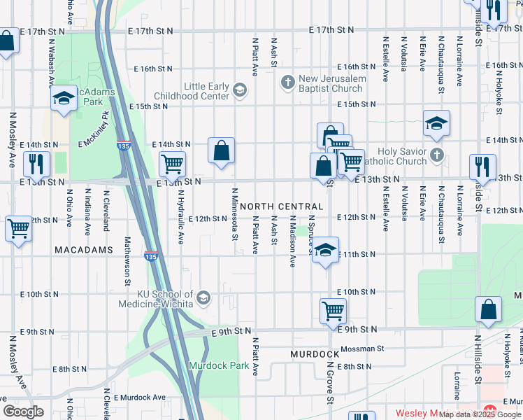 map of restaurants, bars, coffee shops, grocery stores, and more near 1320 North Piatt Avenue in Wichita