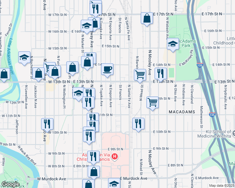 map of restaurants, bars, coffee shops, grocery stores, and more near 1327 Saint Francis in Wichita