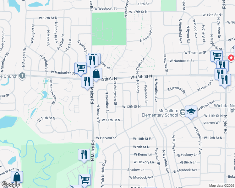 map of restaurants, bars, coffee shops, grocery stores, and more near 1381 North Valleyview Street in Wichita
