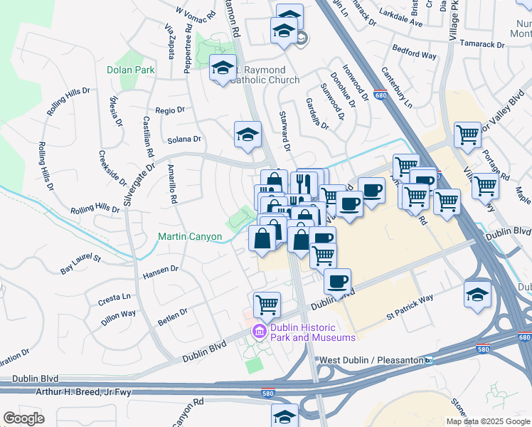 map of restaurants, bars, coffee shops, grocery stores, and more near 7454 San Ramon Road in Dublin