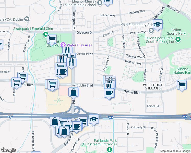 map of restaurants, bars, coffee shops, grocery stores, and more near 4153 Clarinbridge Circle in Dublin