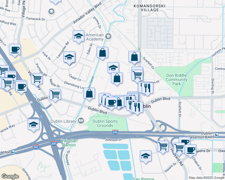 map of restaurants, bars, coffee shops, grocery stores, and more near 6711 Sierra Court in Dublin