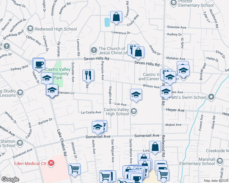 map of restaurants, bars, coffee shops, grocery stores, and more near 19157 San Miguel Avenue in Castro Valley