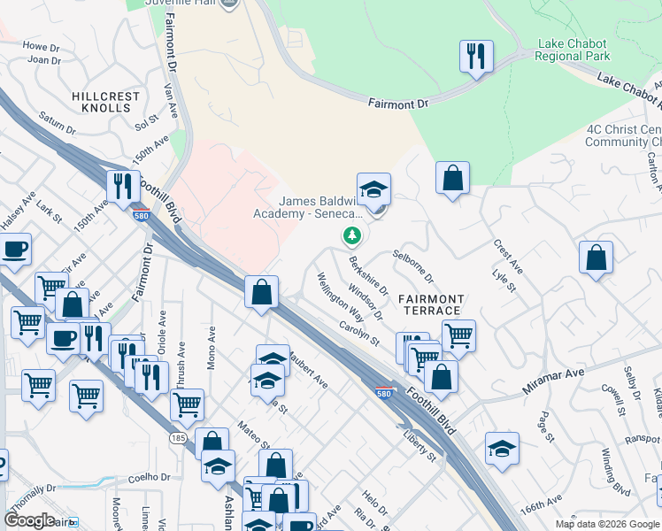 map of restaurants, bars, coffee shops, grocery stores, and more near 2056 Manchester Road in San Leandro