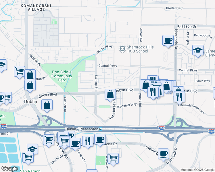 map of restaurants, bars, coffee shops, grocery stores, and more near 5670 El Dorado Lane in Dublin