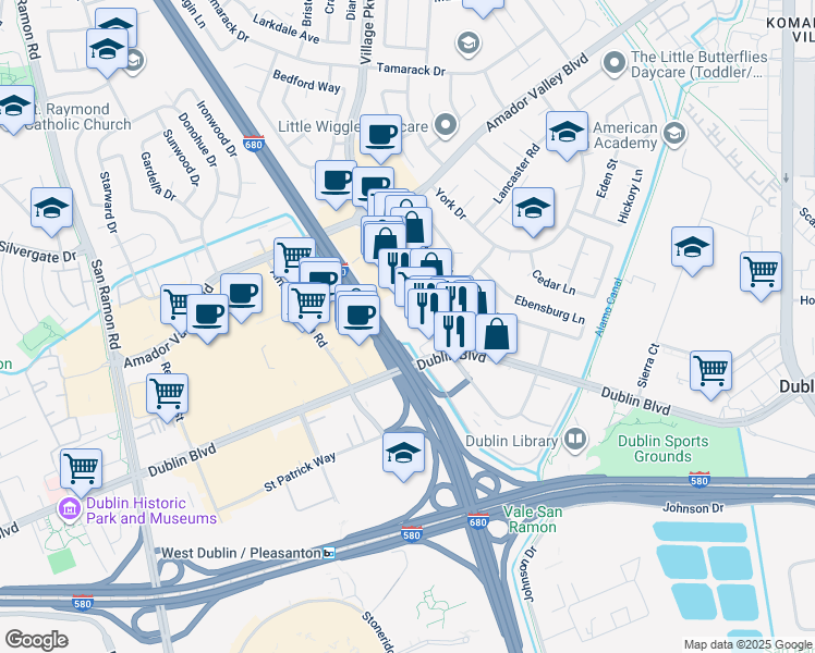 map of restaurants, bars, coffee shops, grocery stores, and more near 6890 Village Parkway in Dublin