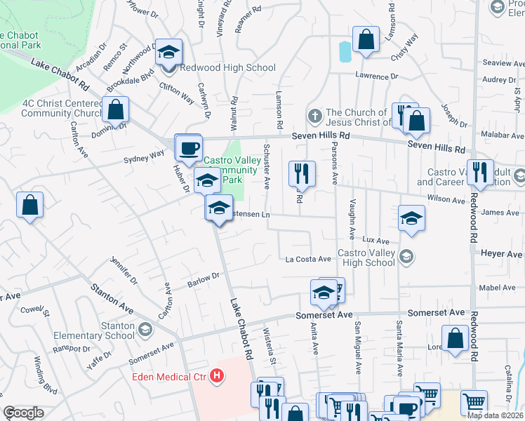 map of restaurants, bars, coffee shops, grocery stores, and more near 3596 Christensen Lane in Castro Valley