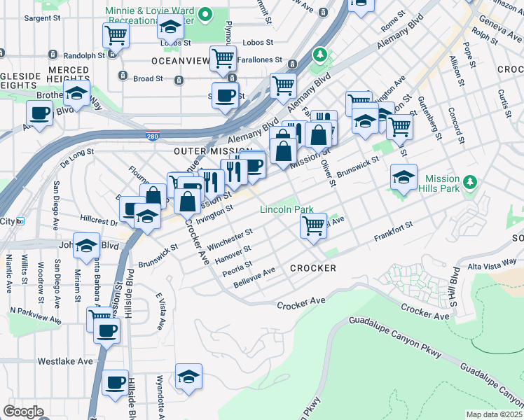 map of restaurants, bars, coffee shops, grocery stores, and more near Brunswick Street in Daly City