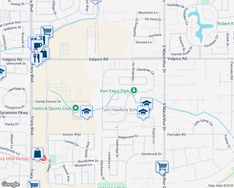 map of restaurants, bars, coffee shops, grocery stores, and more near 184 La Monte Lane in Tracy