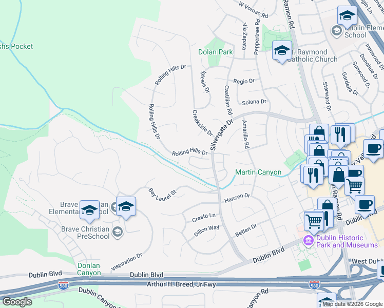 map of restaurants, bars, coffee shops, grocery stores, and more near 11454 Winding Trail Lane in Dublin