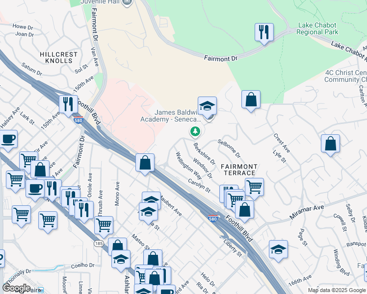 map of restaurants, bars, coffee shops, grocery stores, and more near 2056 Manchester Road in San Leandro