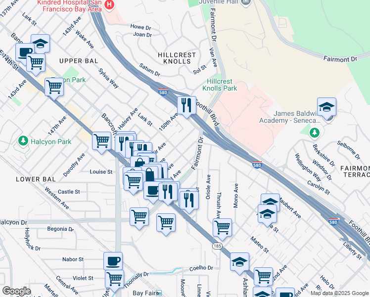 map of restaurants, bars, coffee shops, grocery stores, and more near 1645 152nd Avenue in San Leandro
