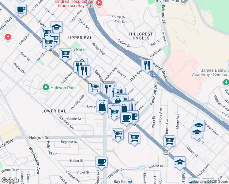 map of restaurants, bars, coffee shops, grocery stores, and more near 1483 150th Avenue in San Leandro