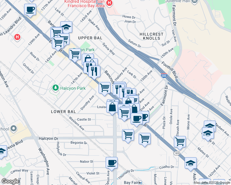 map of restaurants, bars, coffee shops, grocery stores, and more near 1506 Peters Street in San Leandro