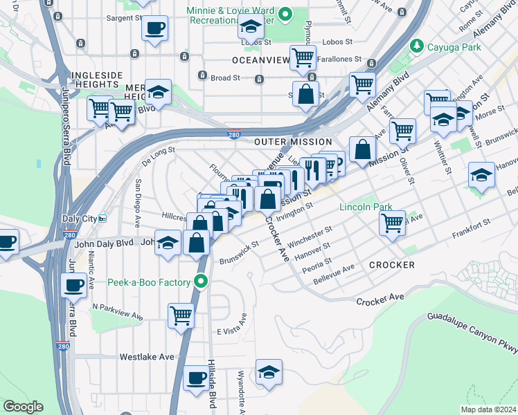 map of restaurants, bars, coffee shops, grocery stores, and more near 6160 Mission Street in Daly City