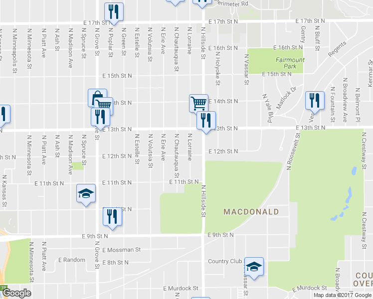 map of restaurants, bars, coffee shops, grocery stores, and more near 1317 North Lorraine in Wichita