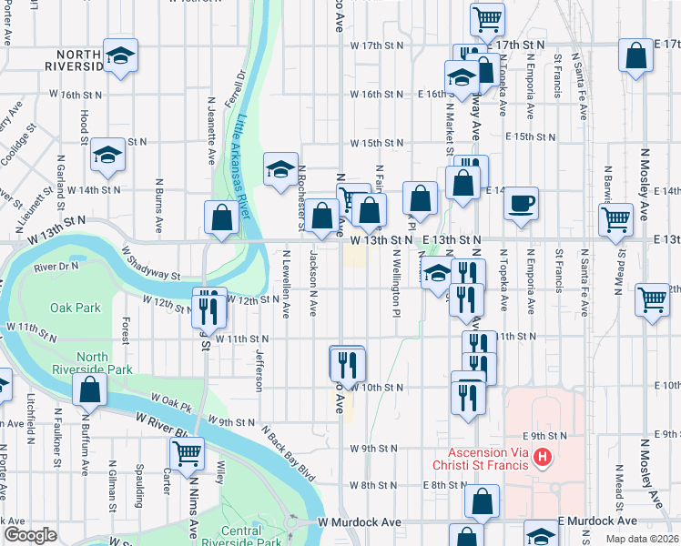 map of restaurants, bars, coffee shops, grocery stores, and more near 1327 North Waco Avenue in Wichita