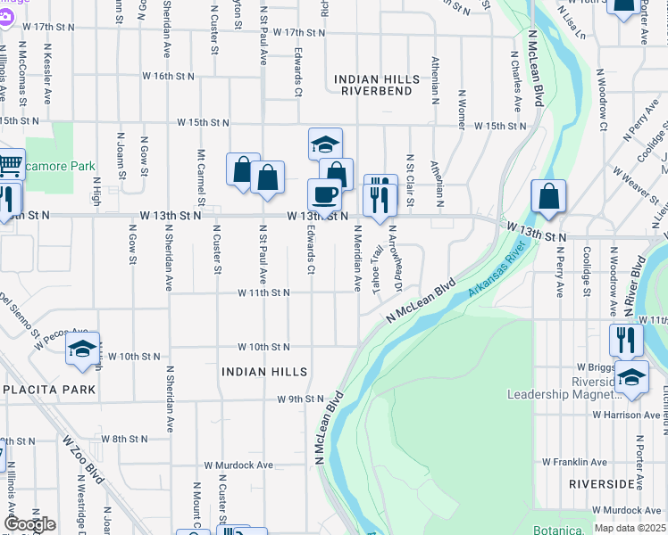 map of restaurants, bars, coffee shops, grocery stores, and more near 1224 Richmond Street in Wichita