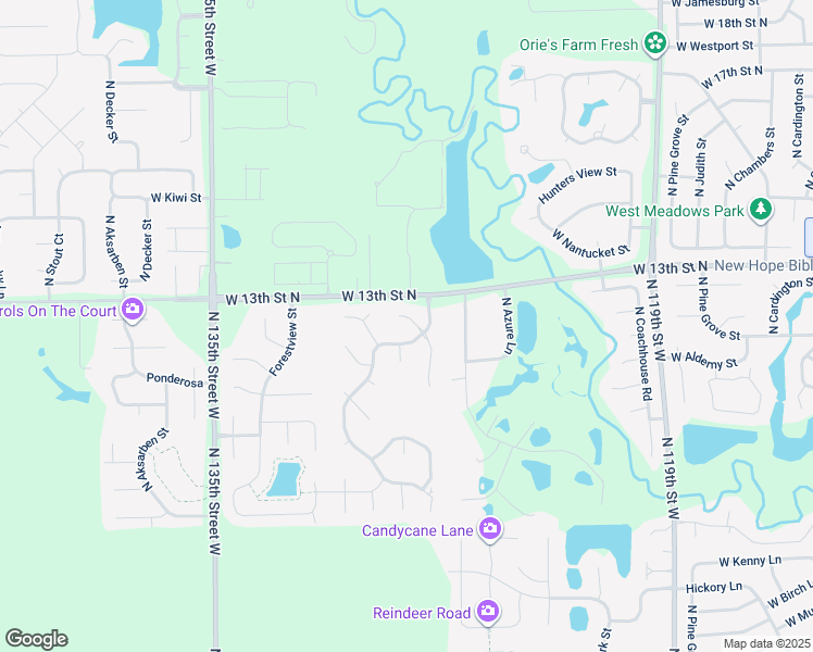 map of restaurants, bars, coffee shops, grocery stores, and more near 1387 Hickory Creek Court in Wichita