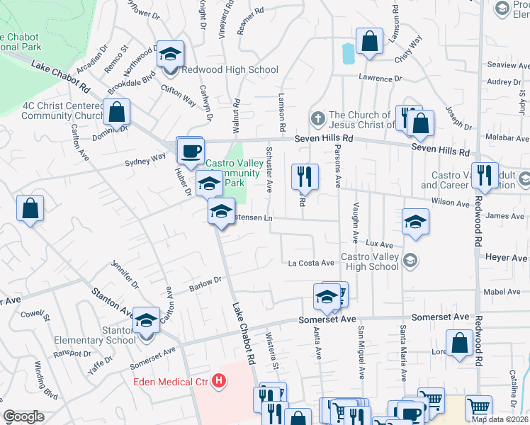 map of restaurants, bars, coffee shops, grocery stores, and more near 3596 Christensen Lane in Castro Valley