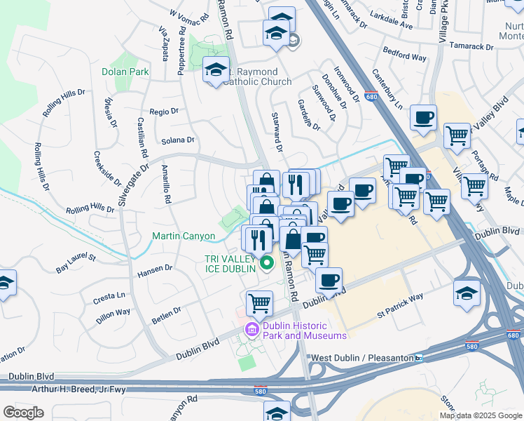map of restaurants, bars, coffee shops, grocery stores, and more near 7454 San Ramon Road in Dublin