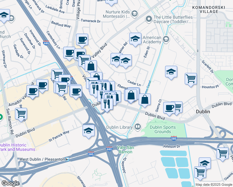 map of restaurants, bars, coffee shops, grocery stores, and more near 6664 Maple Drive in Dublin