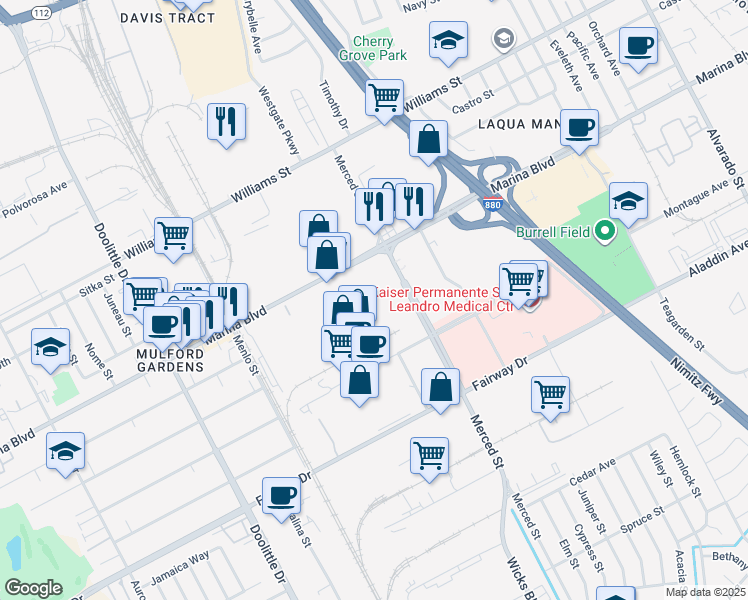 map of restaurants, bars, coffee shops, grocery stores, and more near 2446 Verna Court in San Leandro