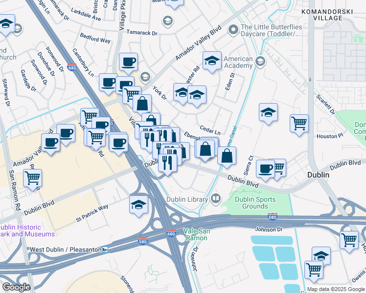 map of restaurants, bars, coffee shops, grocery stores, and more near 6664 Maple Drive in Dublin