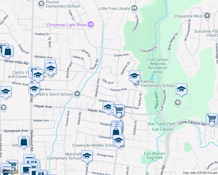 map of restaurants, bars, coffee shops, grocery stores, and more near 4956 Vannoy Avenue in Castro Valley