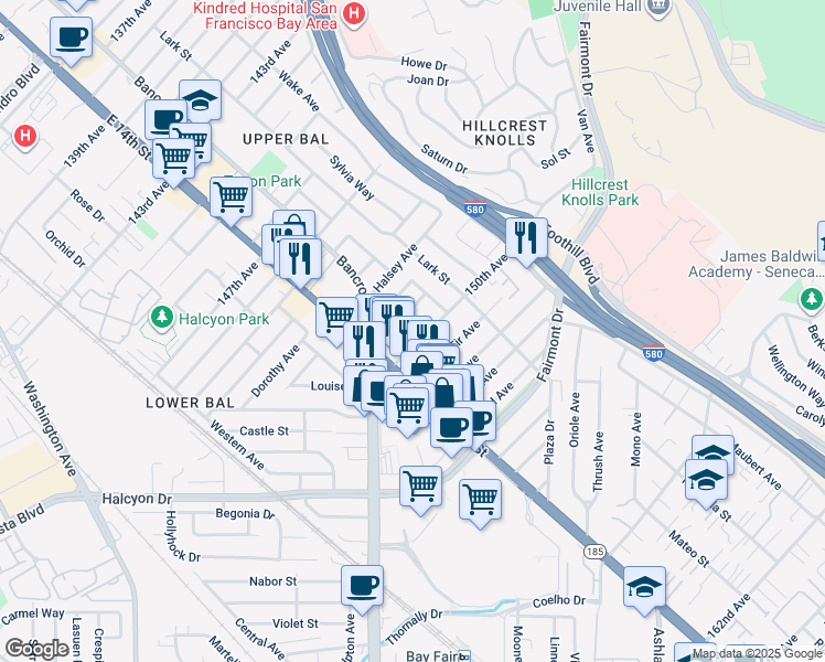 map of restaurants, bars, coffee shops, grocery stores, and more near 1483 150th Avenue in San Leandro
